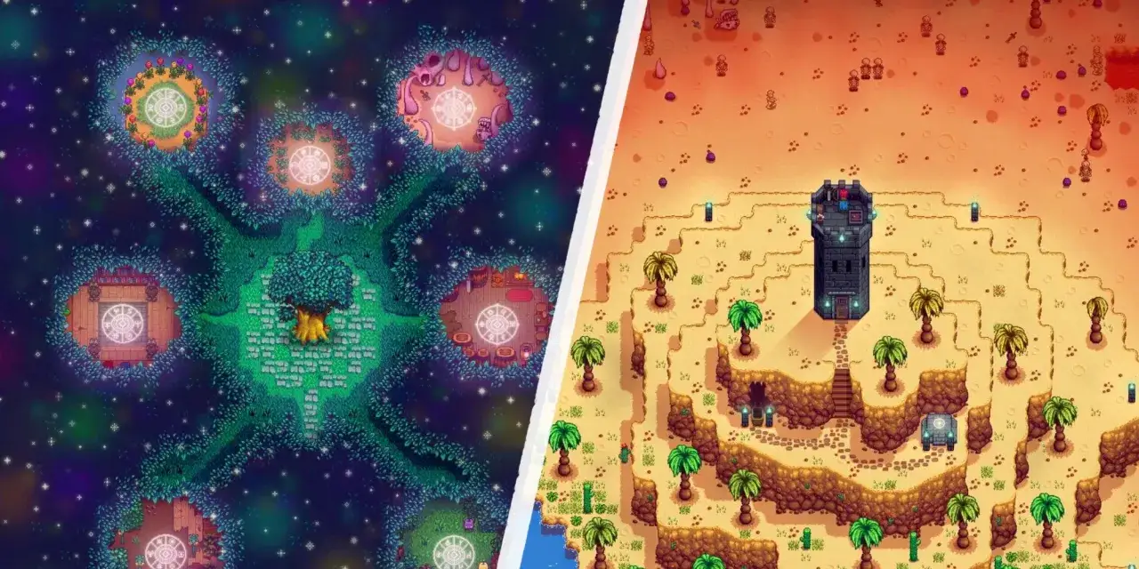 Magiczny las i pustynna forteca z gry Stardew Valley Expanded.