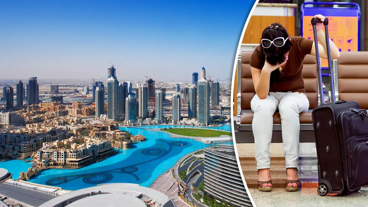Widok Dubaju i zmartwiona kobieta na lotnisku. Ważne, ile musi być ważny paszport do Dubaju, by uniknąć takich problemów.