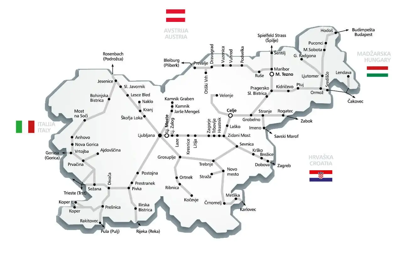 Słowenia plan zwiedzania: mapa kolejowa z zaznaczonymi miastami, granicami z Austrią, Włochami, Węgrami i Chorwacją.