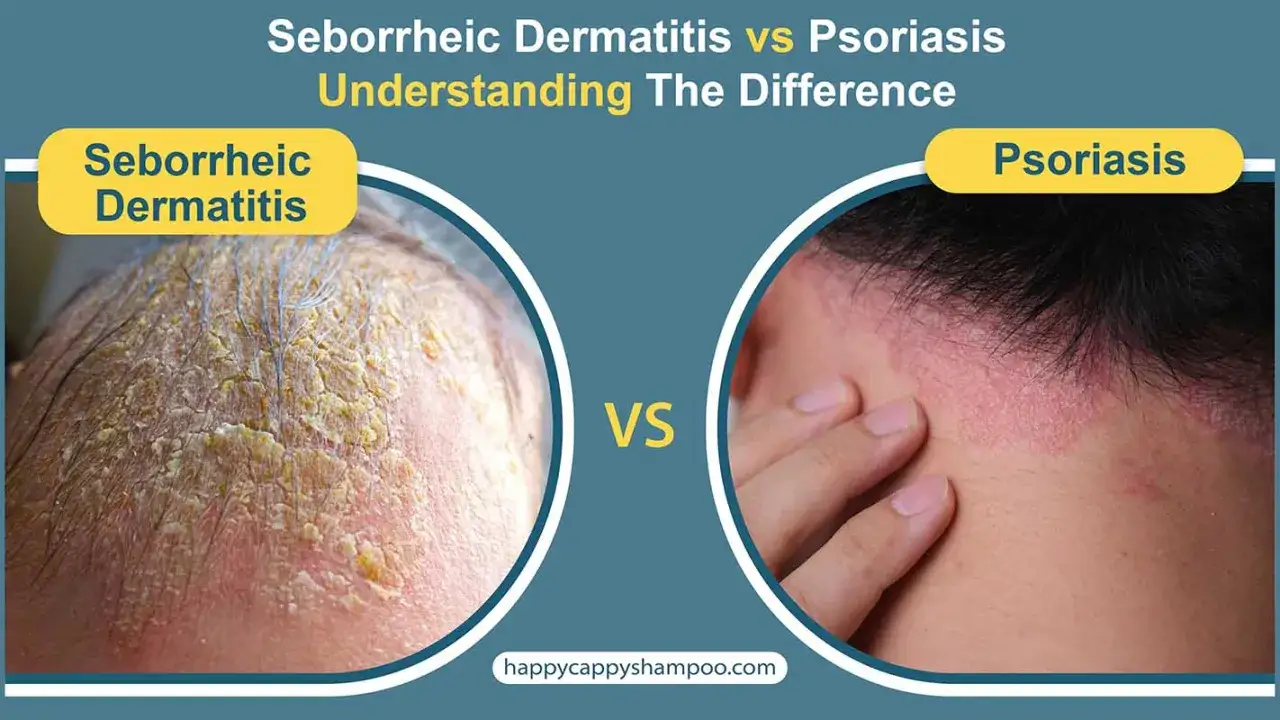Comparaison visuelle : cuir chevelu atteint de dermite séborrhéique avec squames jaunâtres vs. cuir chevelu atteint de psoriasis avec plaques rouges.