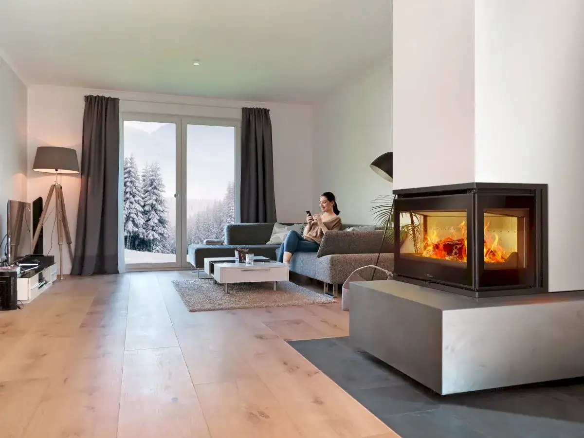 Acogedora sala con chimenea de le&ntilde;a, una mujer en el sof&aacute; y vista invernal. Los insertables de alta calidad calientan el hogar.