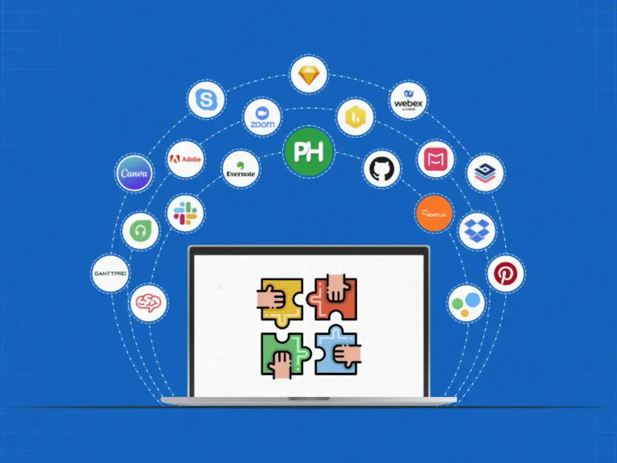 Un ordinateur affiche des pi&egrave;ces de puzzle assembl&eacute;es, entour&eacute; de logos d'applications pour une meilleure **application organisation travail**.