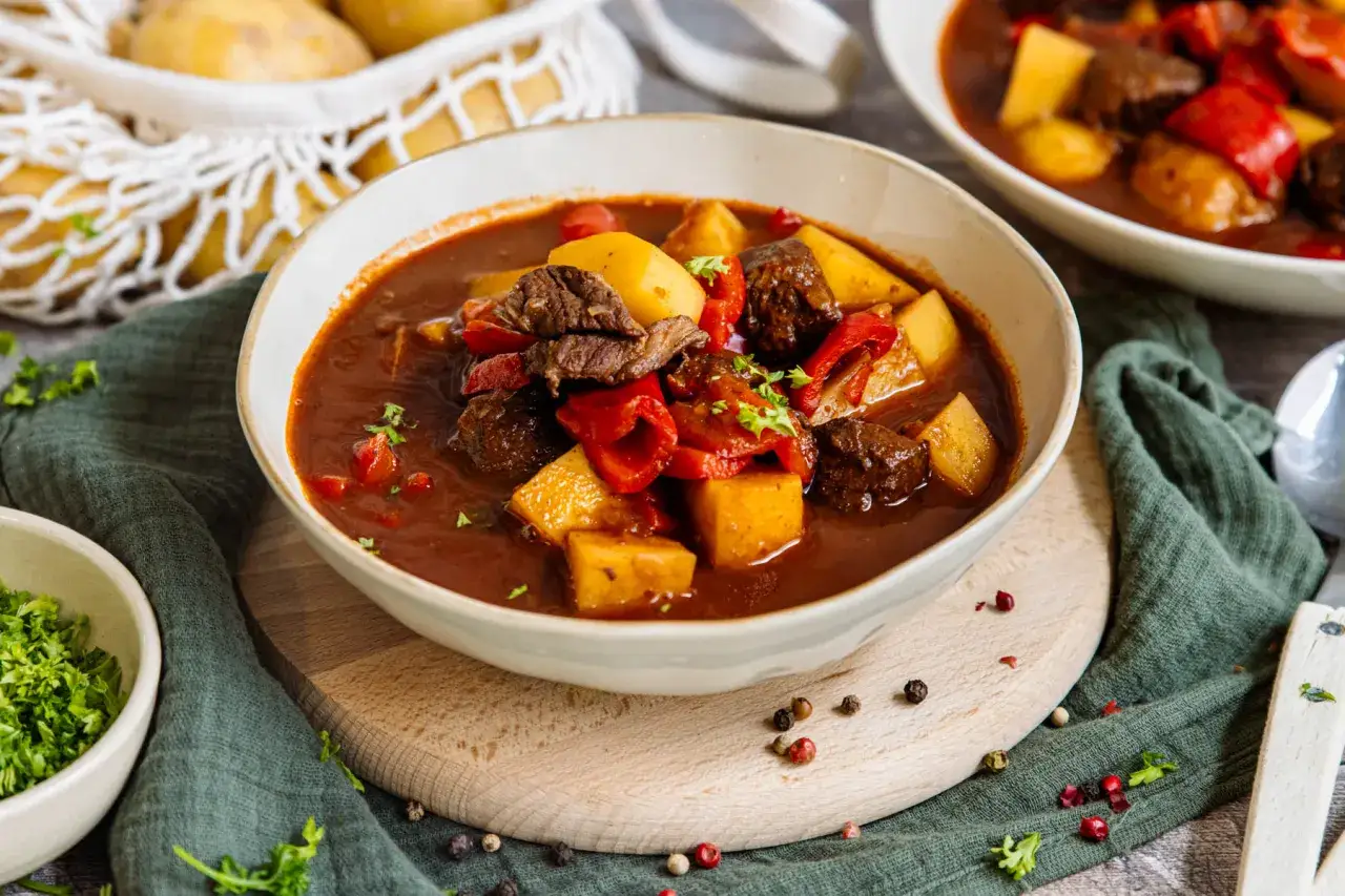 Herzhaftes Gulasch mit Kartoffeln und Paprika in einer tiefen Schüssel, daneben eine Schale gehackte Petersilie.