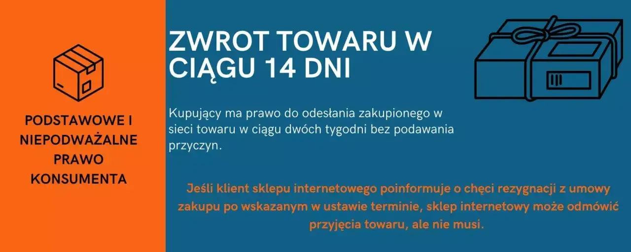Prawo konsumenta do zwrotu towaru po 14 dniach. Kupujący może odesłać zakupiony towar w ciągu dw&oacute;ch tygodni bez podawania przyczyn.