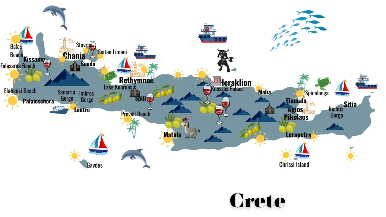 Mapa Krety z zaznaczonymi atrakcjami, plażami i miastami. Zastanawiasz się, ile się leci na Kretę? Mapa pokazuje, że warto!