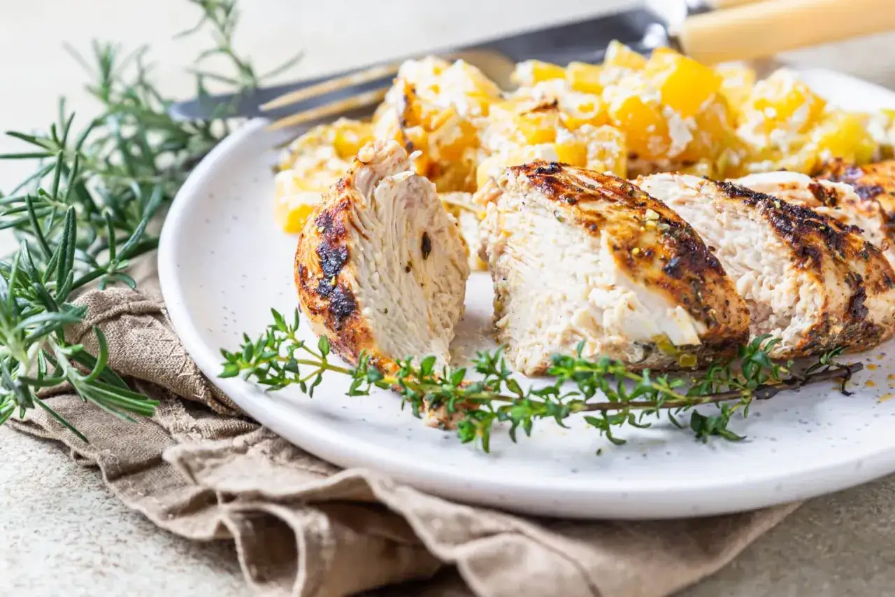 Soczysty indyk z airfryer, pokrojony w plastry, podany z ziemniakami i ziołami.