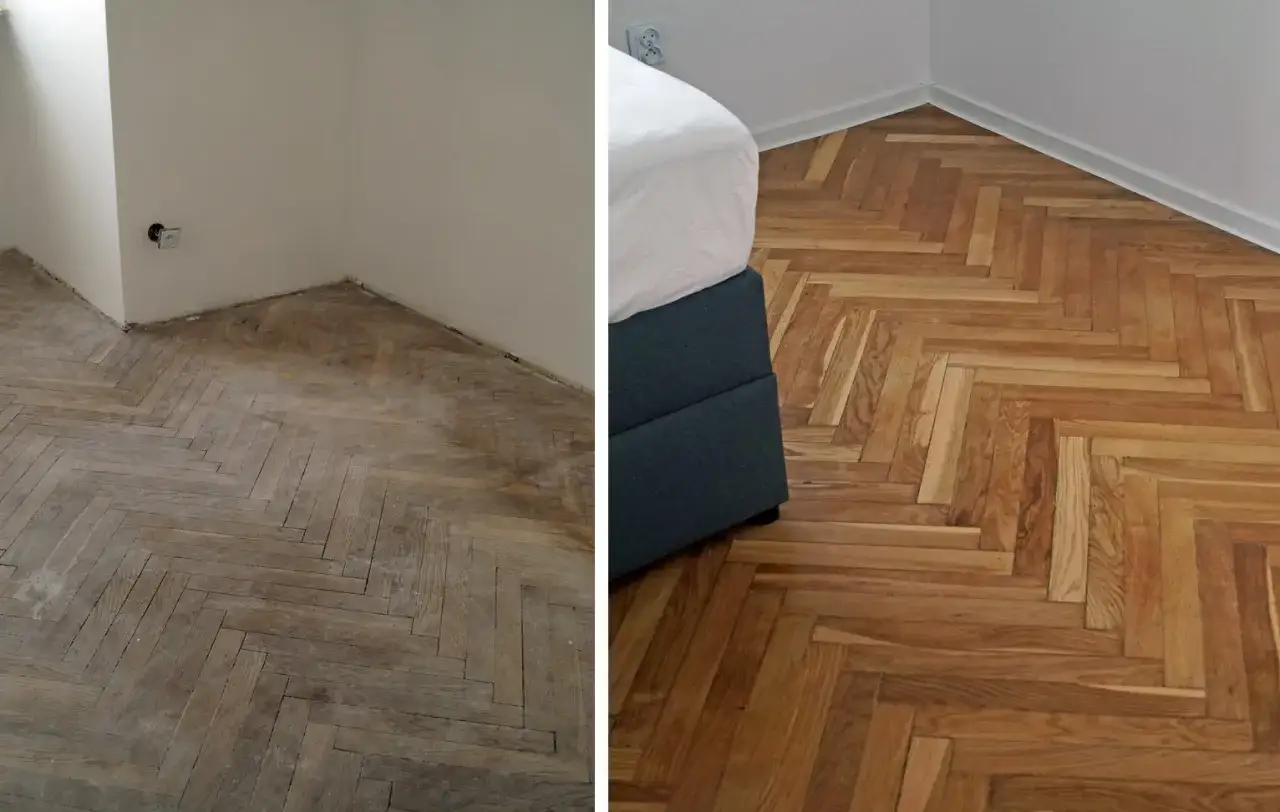 Przed i po cyklinowaniu podłogi. Zobacz, jak odnowiony parkiet w jodełkę odmienił wnętrze. Sprawdź cyklinowanie podłogi cena.