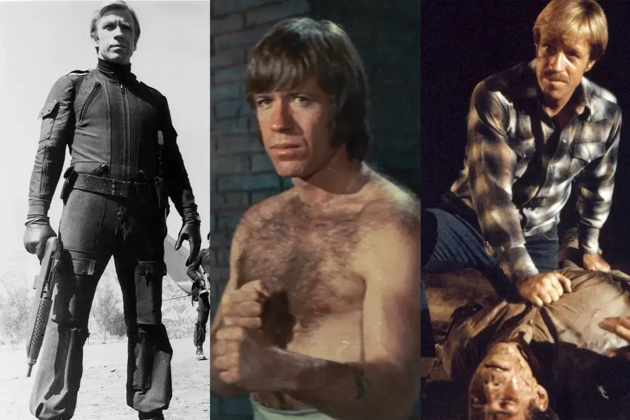 Chuck Norris i action i filmer och tv-program. Tre scener visar honom i olika roller, redo f&ouml;r strid.