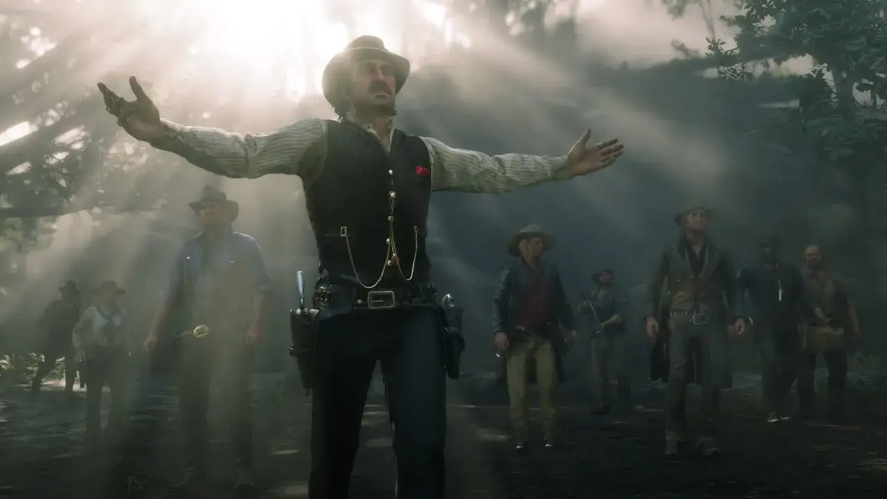 Gang w westernowym stylu, z przywódcą wyciągającym ręce, w świetle słońca. Scena z gry Red Dead Redemption 2 na PS5.