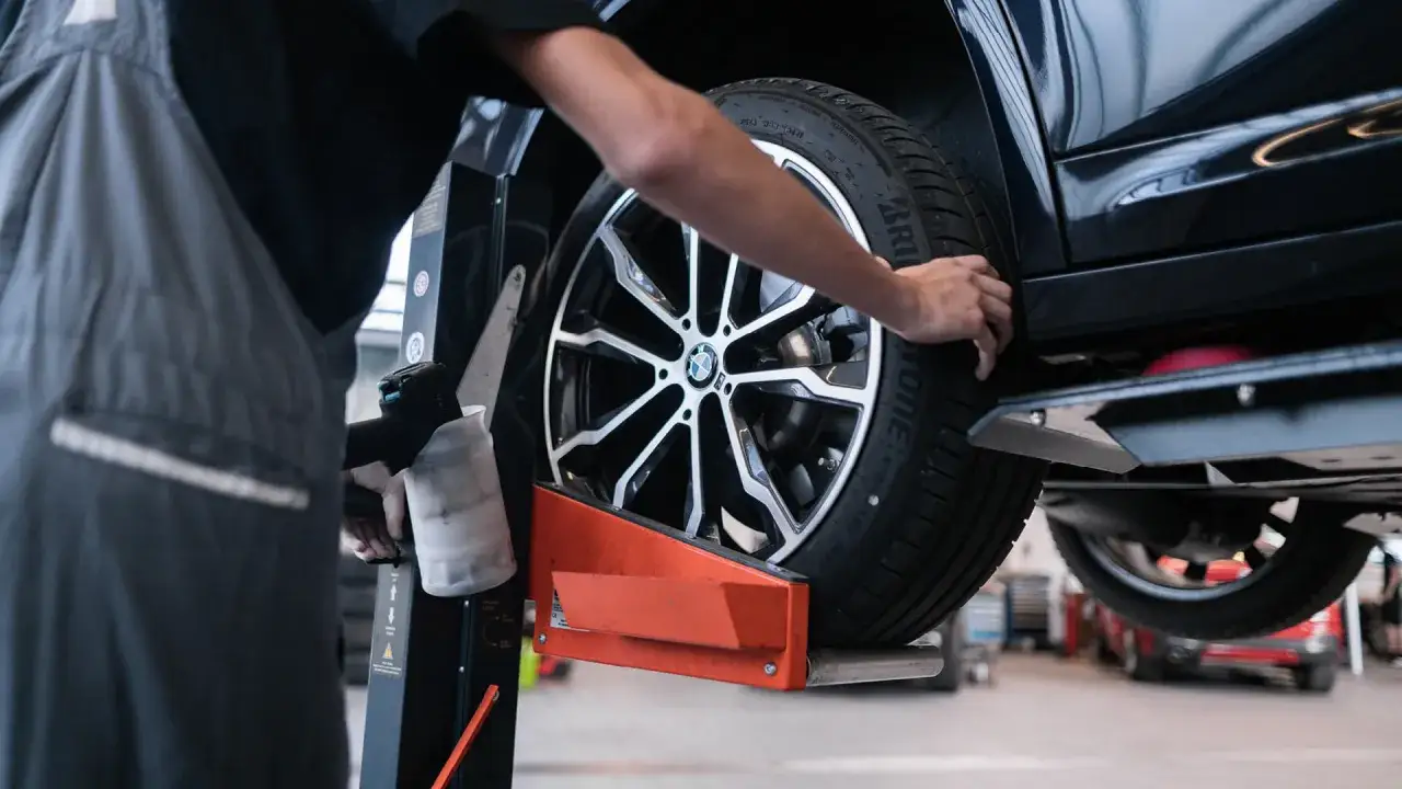 Mechaniker wechselt Reifen an einem BMW. Informieren Sie sich über die BMW Reifenwechsel Kosten.