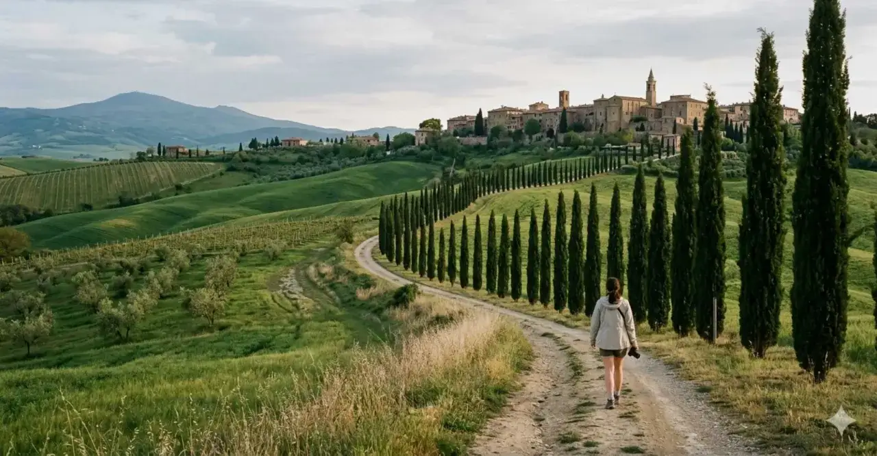 Una donna cammina su una strada sterrata tra colline verdi, cipressi e ulivi, verso un borgo medievale in Toscana. Cosa vedere borghi in questa terra incantevole.