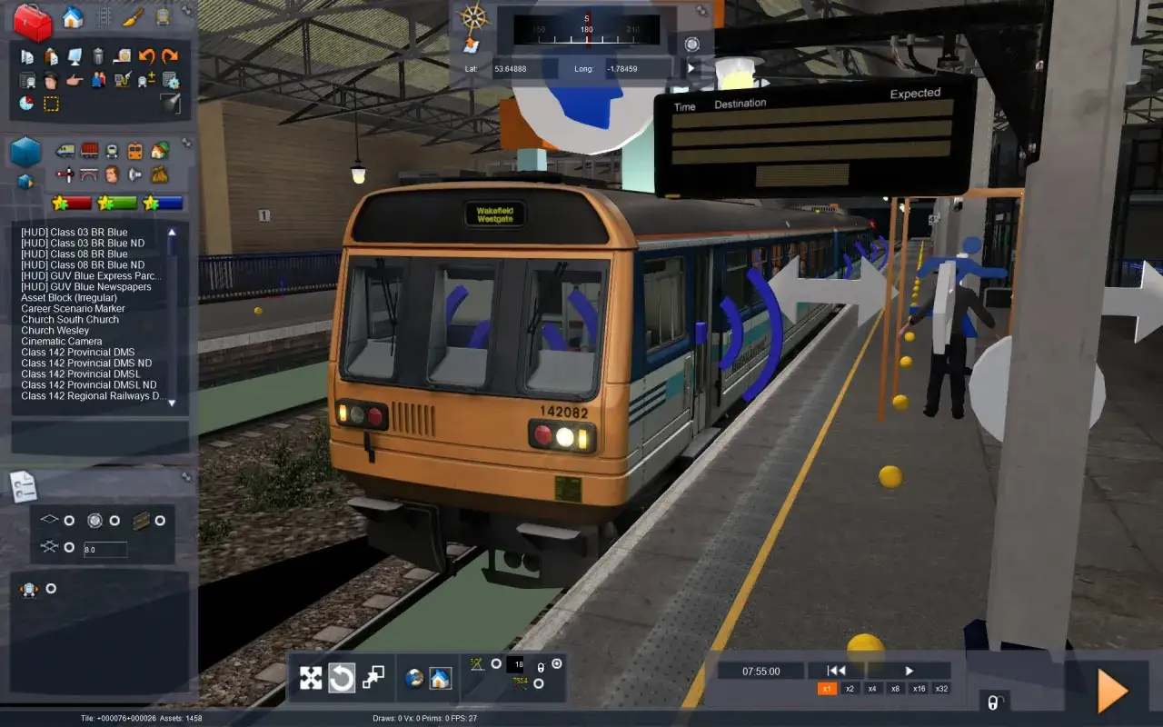 Tren naranja y azul en estación, listo para iniciar un viaje. Interfaz de simulación de juegos de trenes visible.