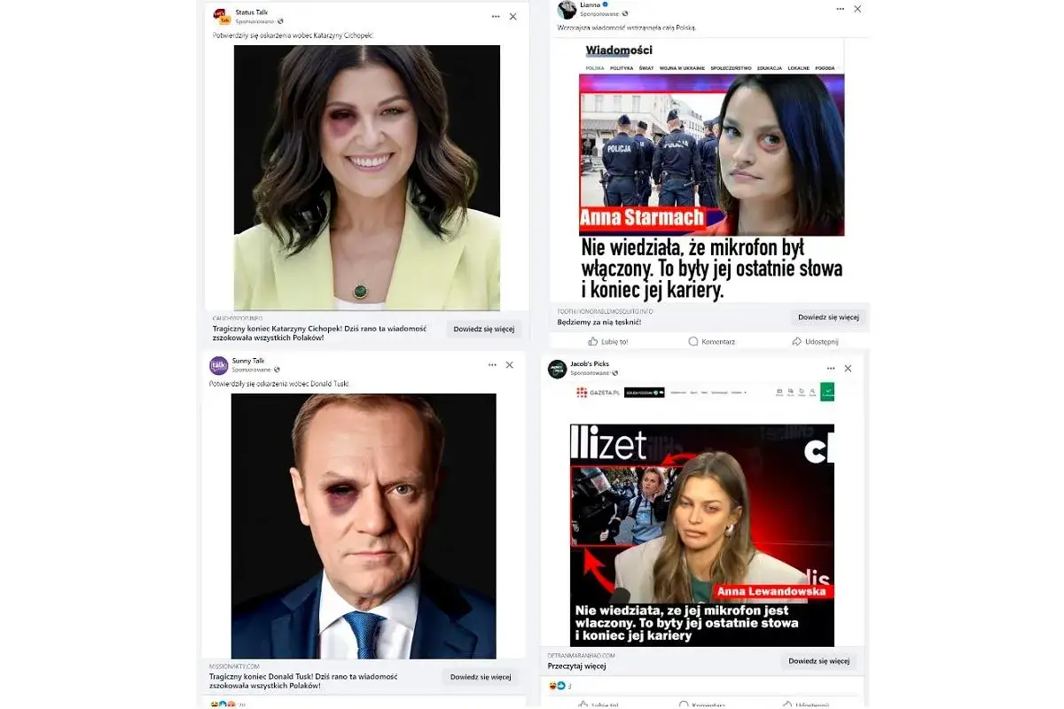 Oszuści internetowi zdjęcia: Katarzyna Cichopek, Anna Starmach i Donald Tusk z podbitymi oczami, sugerujące fałszywe wiadomości o ich karierach.
