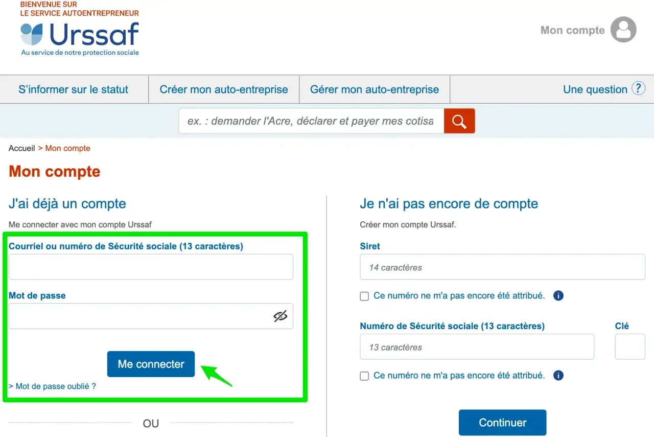 Page de connexion Urssaf pour les auto-entrepreneurs. Formulaire pour se connecter ou cr&eacute;er un compte afin de g&eacute;rer sa d&eacute;claration chiffre d'affaire.
