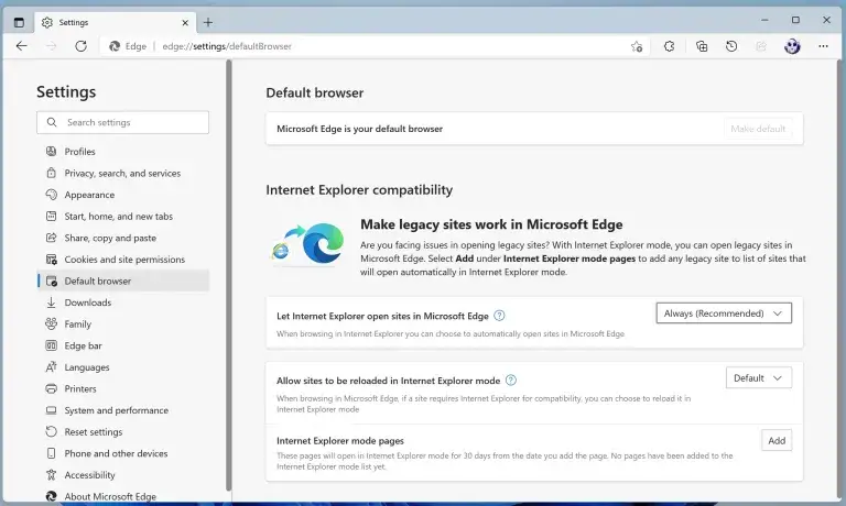 Ustawienia trybu IE w Microsoft Edge