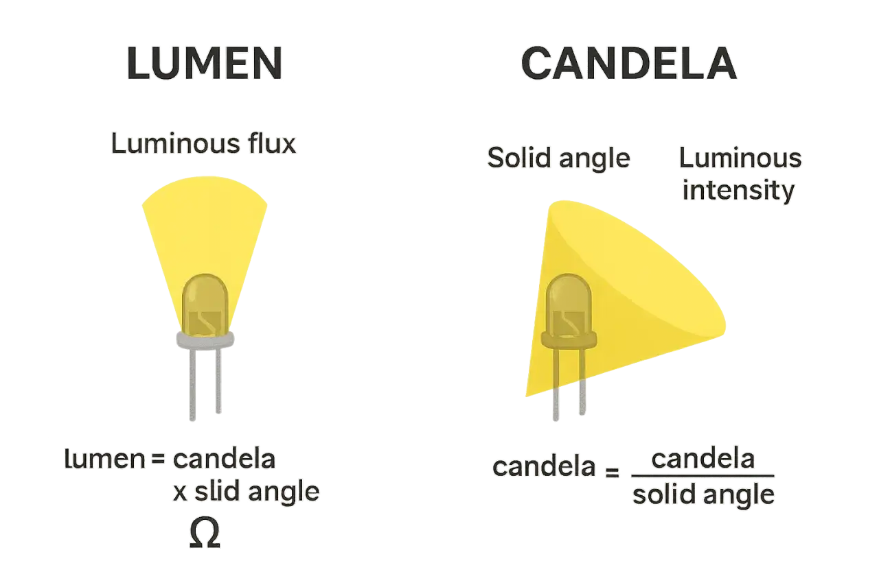 Illustration comparant le flux lumineux (lumen) et l'intensit&eacute; lumineuse (candela). La formule de l'intensit&eacute; lumineuse est montr&eacute;e.
