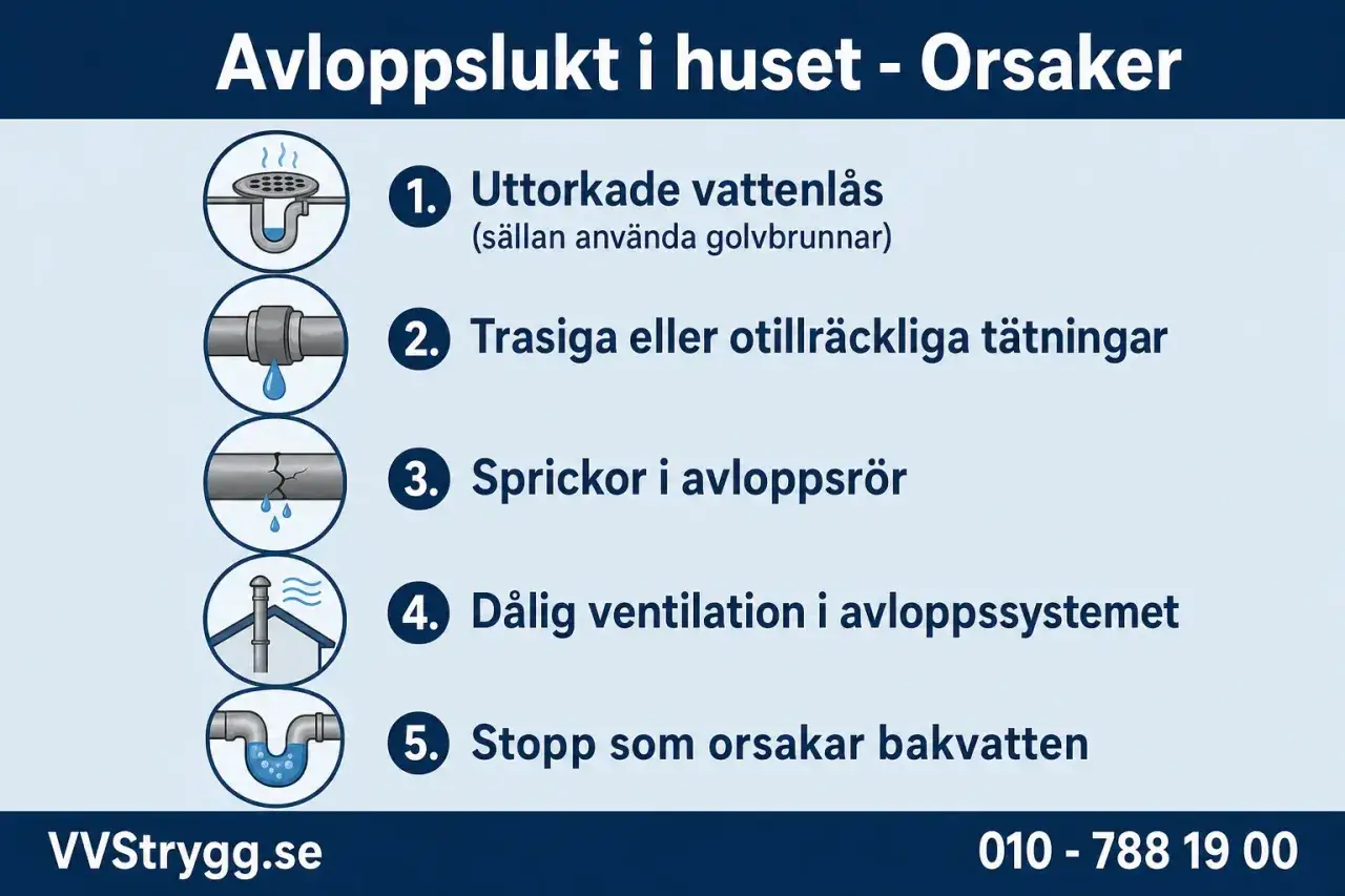 Bilden visar fem orsaker till att det luktar avlopp i huset: uttorkat vattenlås, trasiga tätningar, sprickor i rör, dålig ventilation och stopp.