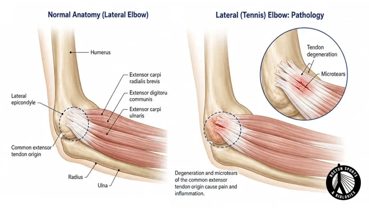 Vergleich von normaler Ellenbogenanatomie und Tennisellenbogen. Links: gesunder Ellenbogen. Rechts: Ellenbogen mit Sehnen-Degeneration und Mikrorissen, Ursache f&uuml;r Tennisellenbogen.