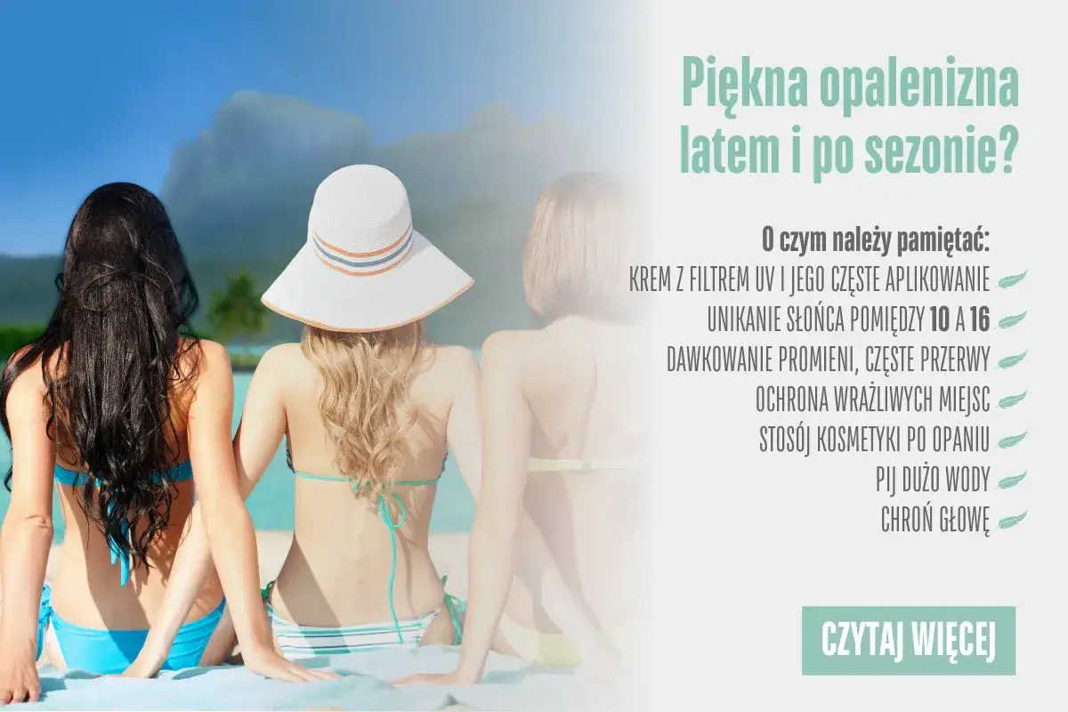 Trzy kobiety w strojach kąpielowych na plaży. Tekst podpowiada, jak szybko się opalić, pamiętając o filtrze UV i unikaniu słońca w najgorętszych godzinach.