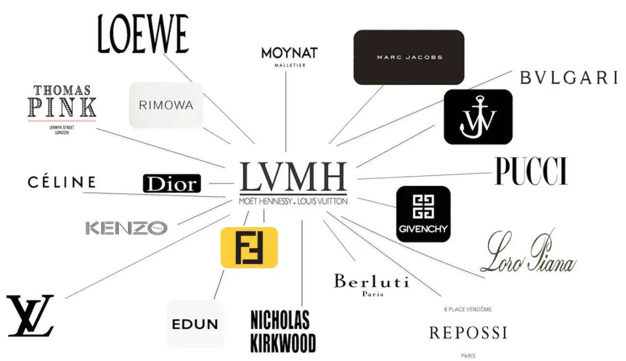 Schema delle marche possedute da LVMH, tra cui Dior, il cui proprietario è il gruppo.