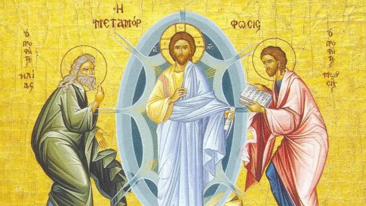 Icon depicting the Feast of the Transfiguration of the Lord, with Jesus radiant, flanked by Moses and Elijah.