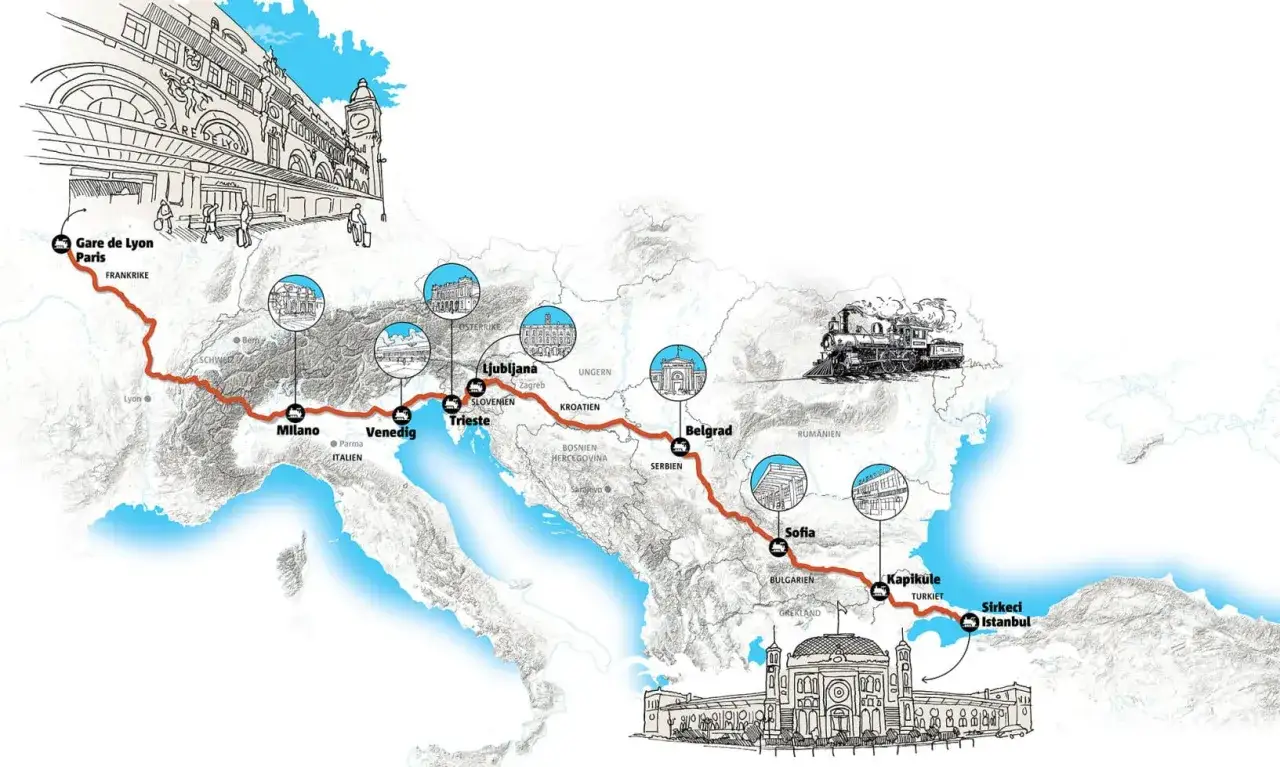Karta som visar en t&aring;gluff i Frankrike och vidare genom Europa till Istanbul. Resan startar i Paris och g&aring;r via Milano, Venedig, Ljubljana, Belgrad och Sofia.