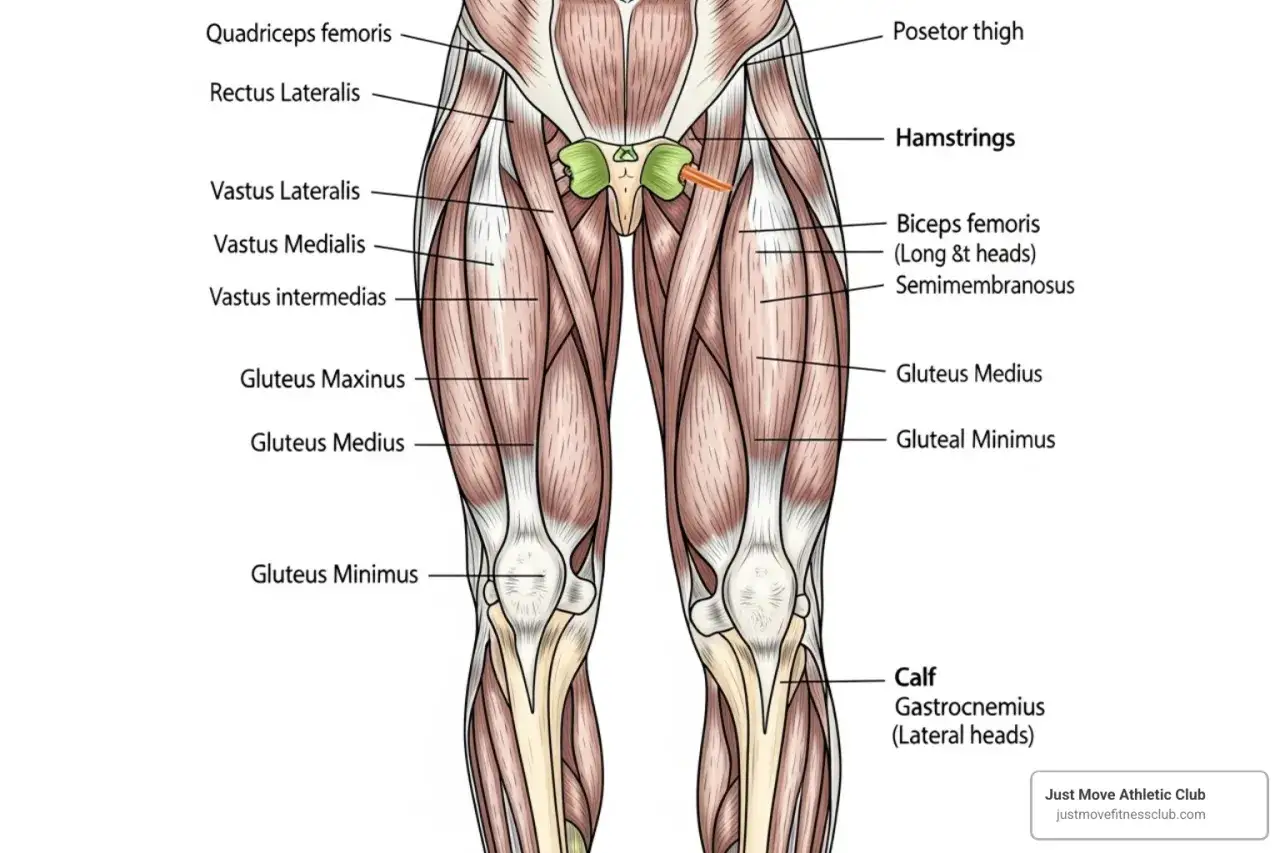 Anatomia mięśni ud: czworogłowy, dwugłowy, pośladkowy. Po intensywnym treningu mogą pojawić się zakwasy na udach.