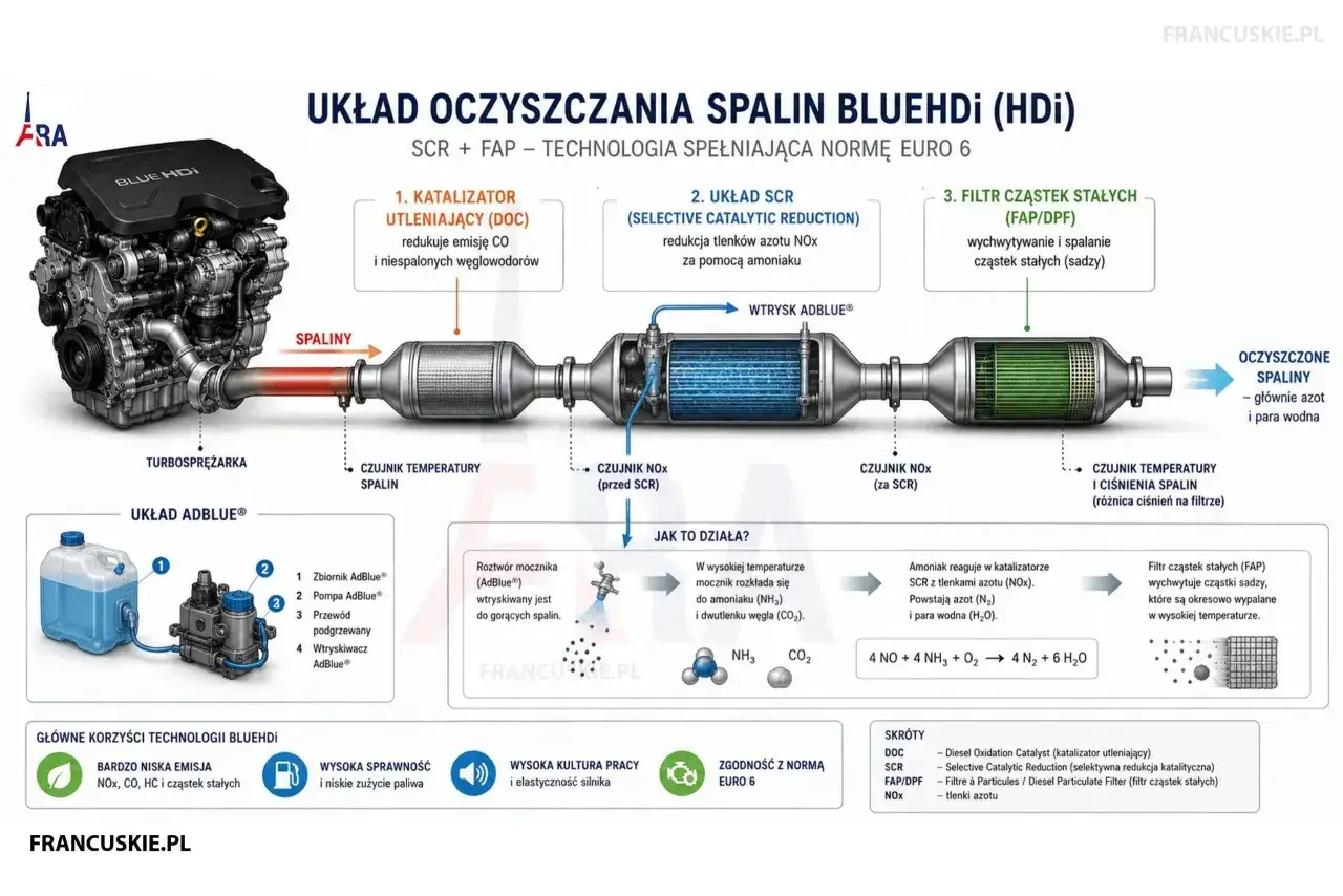 Silnik BlueHDi z systemem SCR i FAP, pokazujący oczyszczanie spalin. Rozbiegany diesel działa dzięki katalizatorom i wtryskowi AdBlue.