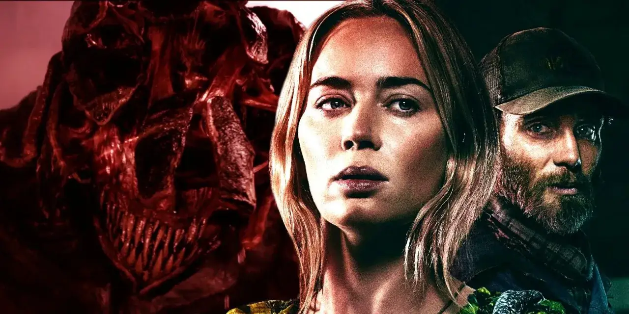 Potwór z filmu ciche miejsce 3 groźnie spogląda na kobietę i mężczyznę, którzy próbują przetrwać w ciszy.