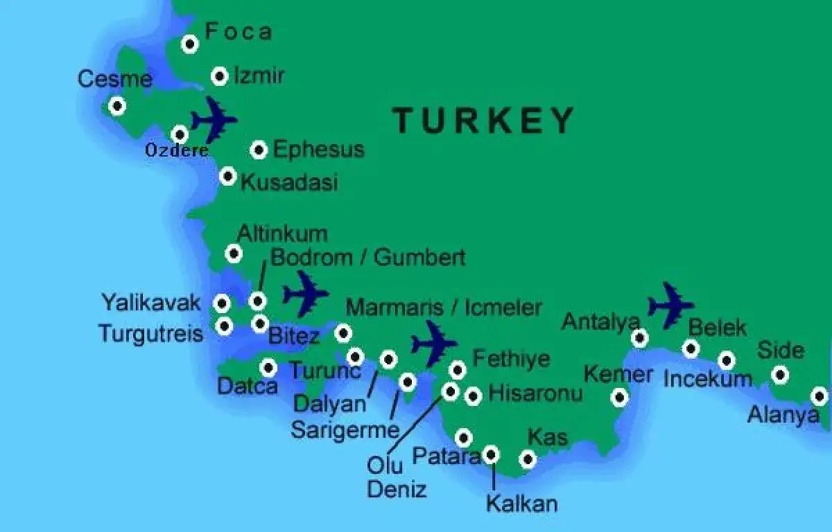 Mapa turystyczna popularnych kurortów w Turcji