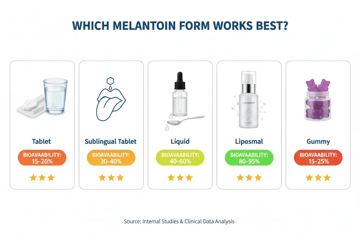 W czym jest melatonina? Por&oacute;wnanie form: tabletki (15-20%), podjęzykowe (30-40%), płyn (40-60%), liposomalna (80-95%), żelki (15-25%).