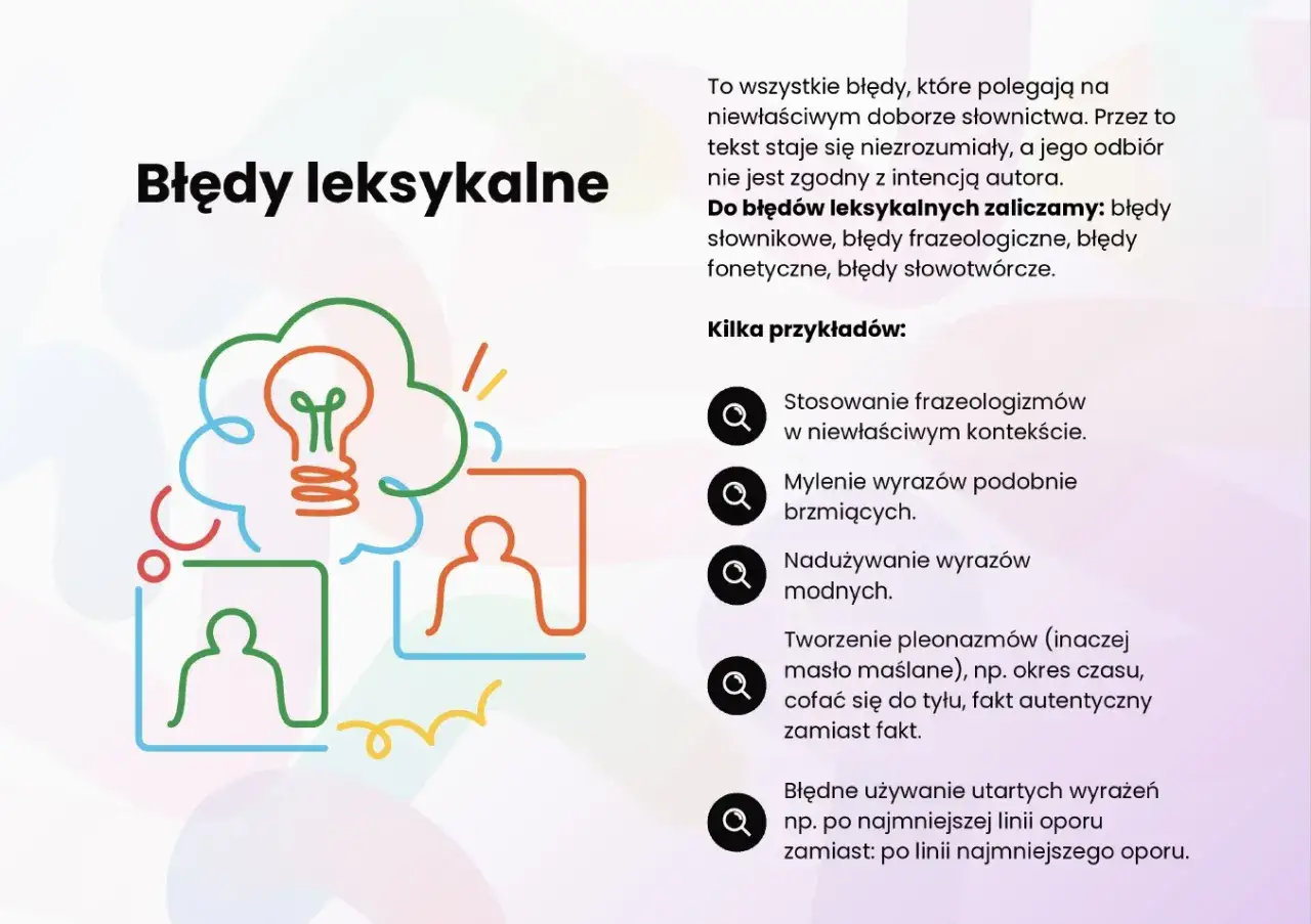 Błędy leksykalne: niewłaściwy dobór słów, frazeologizmów, np. 