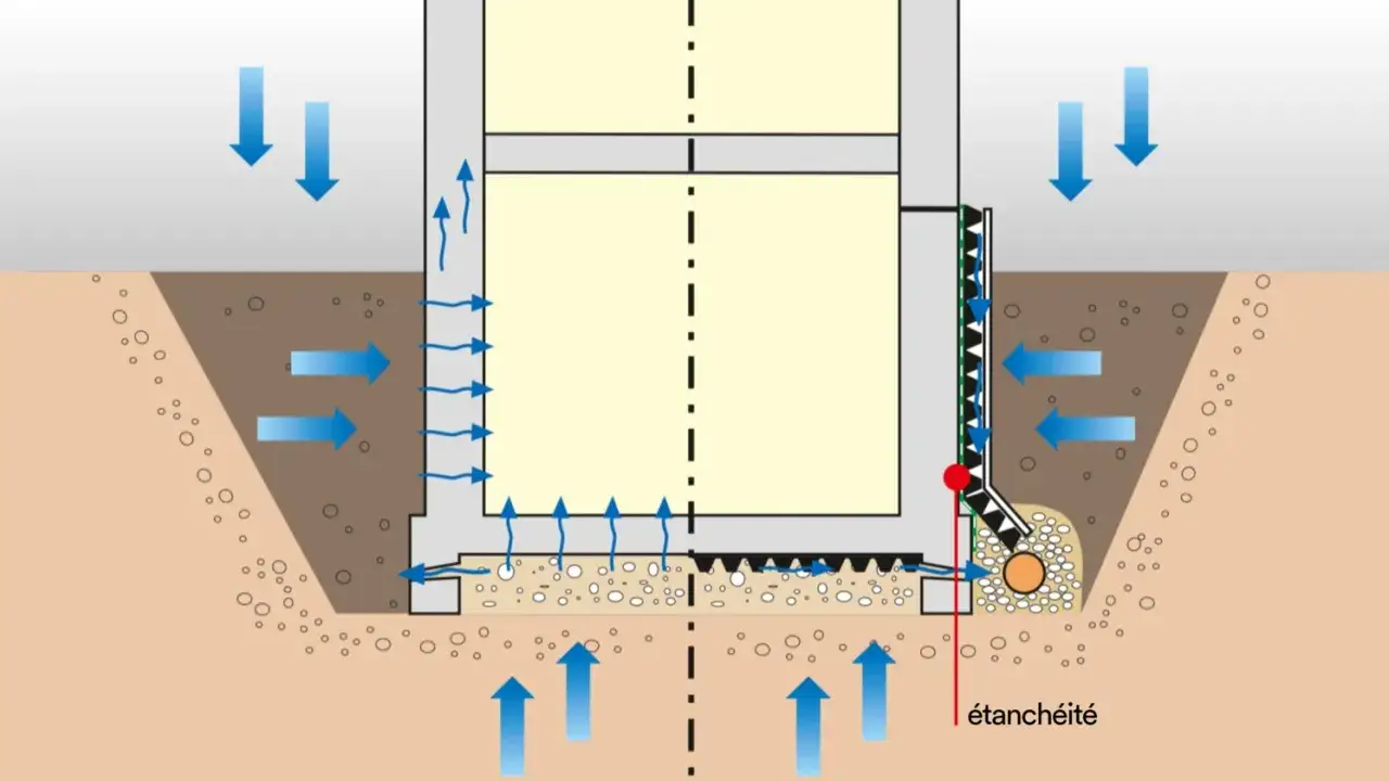 Sch&eacute;ma d'un mur de soubassement avec drainage et &eacute;tanch&eacute;it&eacute;. Les fl&egrave;ches bleues indiquent le mouvement de l'eau.