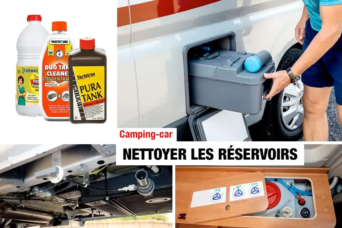 Produits pour le nettoyage cuve camping car : réservoir amovible, système sous le véhicule et composants internes.