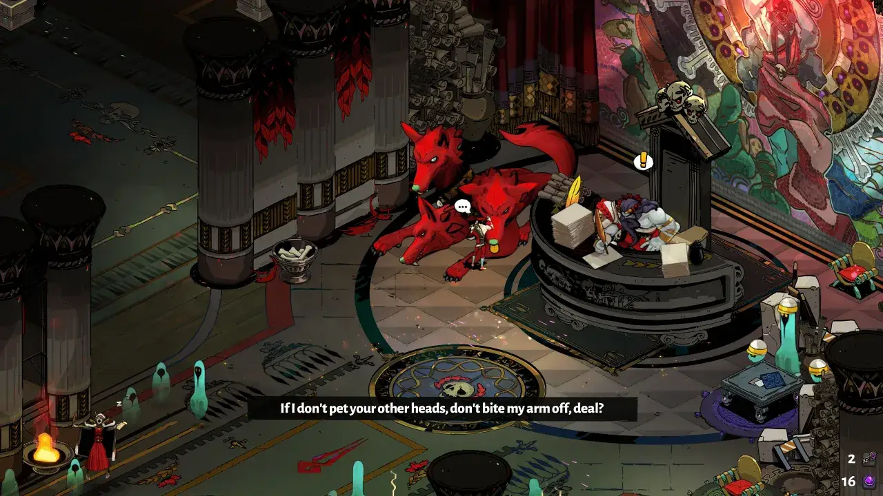 Zagreusz głaszcze Cerbera, jednego z najlepszych psów w grach hack and slash.