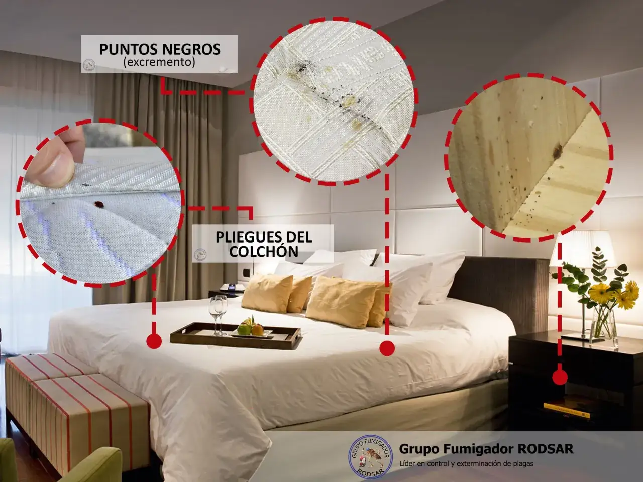 Imagen muestra una cama de hotel con primeros planos de un colch&oacute;n donde aparecen las chinches y sus excrementos.