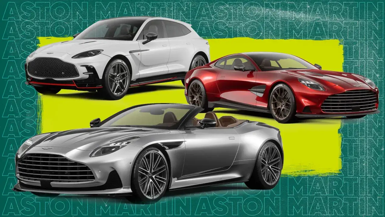 Tres impresionantes **Aston Martin modelos**: un SUV blanco, un coup&eacute; rojo y un descapotable plateado, exhiben la elegancia brit&aacute;nica.