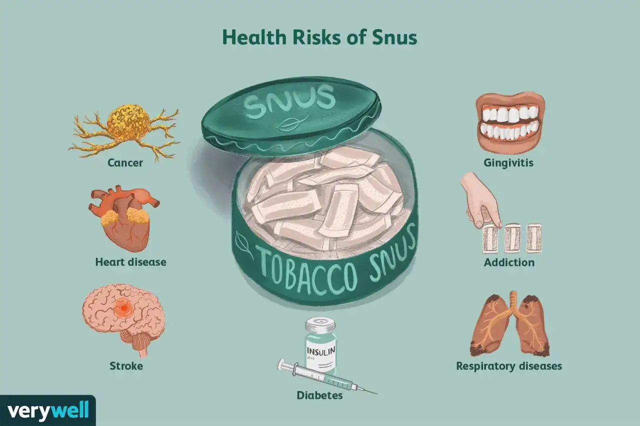Illustration visar h&auml;lsorisker med snus: cancer, hj&auml;rtsjukdom, stroke, tandk&ouml;ttsinflammation, beroende, lungsjukdomar och diabetes.