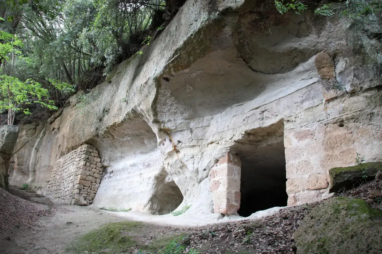 Antiche grotte in Toscana scavate nella roccia, con ingressi che invitano all'esplorazione.