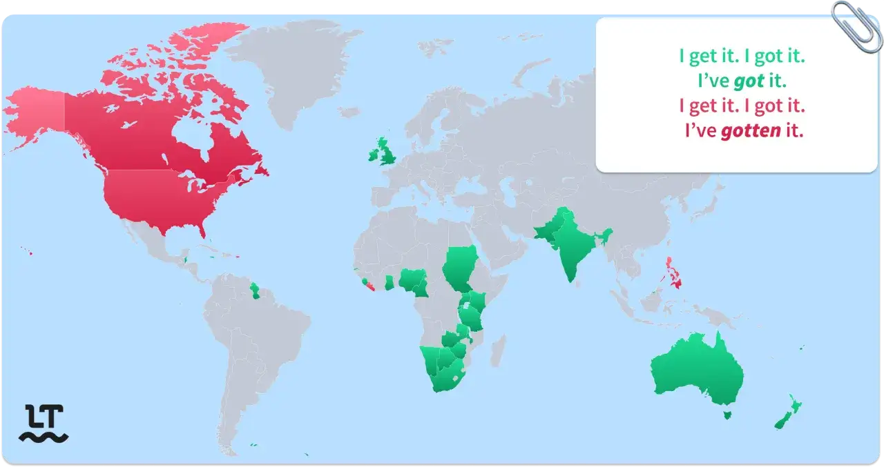 Mapa świata z zaznaczonymi krajami, gdzie używa się różnych form