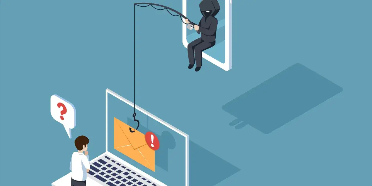 Ein Hacker fischt mit einer Angel nach einer E-Mail auf einem Laptop. Die Bedeutung von Whaling: gezielte Phishing-Angriffe auf Führungskräfte.