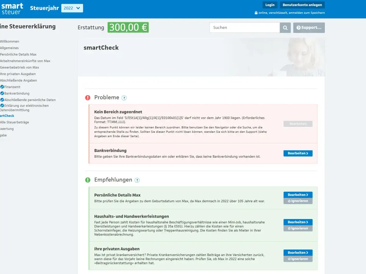 Smartsteuer zeigt eine Erstattung von 300&euro; an. Die smartsteuer erfahrung ist hier durch Probleme und Empfehlungen im smartCheck gekennzeichnet.
