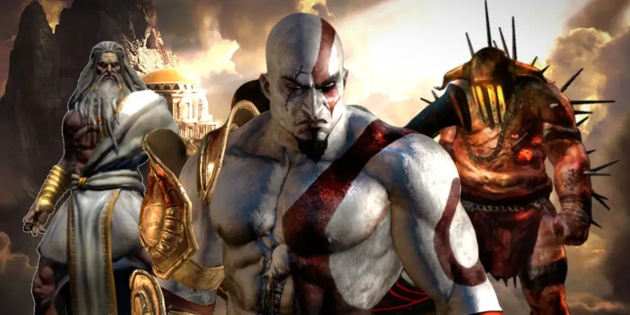 Kratos, bóg wojny, staje naprzeciwko Zeusa i potwora. To epicka scena z greckiej **mitologii**.
