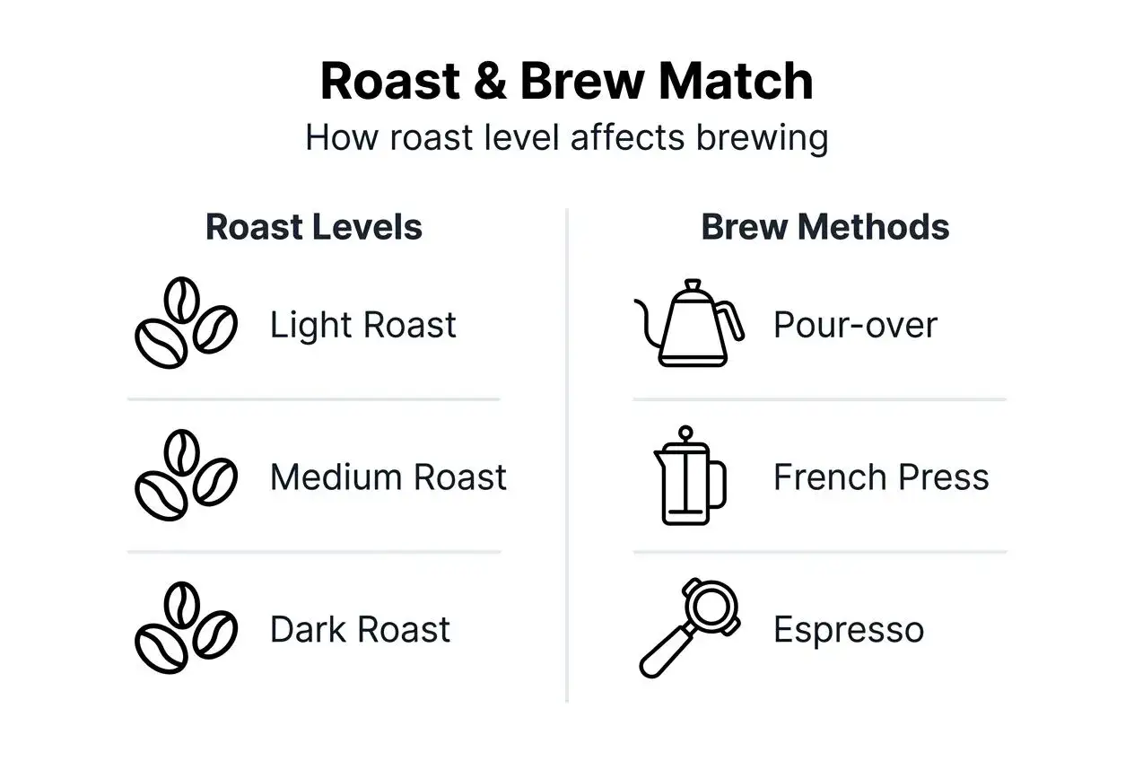Porównanie różnych rodzajów kaw: jasne, średnie i ciemne palenie z metodami parzenia: pour-over, french press, espresso.
