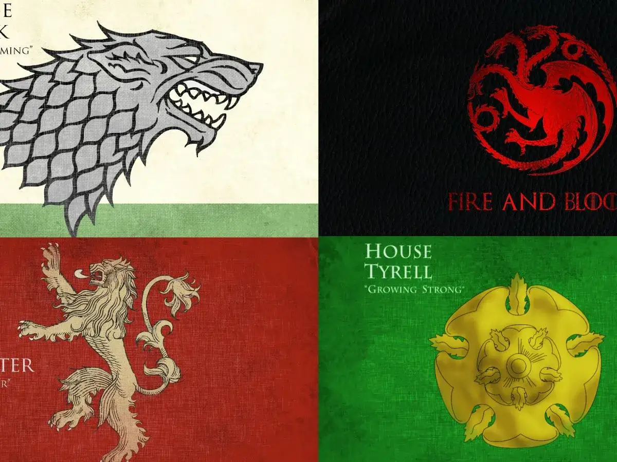 Les emblèmes des maisons Stark, Targaryen, Lannister et Tyrell de Game of Thrones.