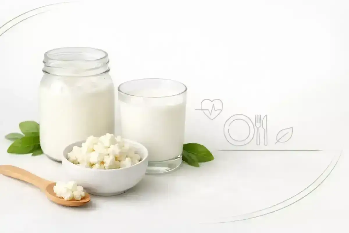 Słoik i szklanka z kefirem, miseczka z ziarnami kefirowymi i łyżka. Czy kefir jest zdrowy? Tak, to nap&oacute;j pełen probiotyk&oacute;w.