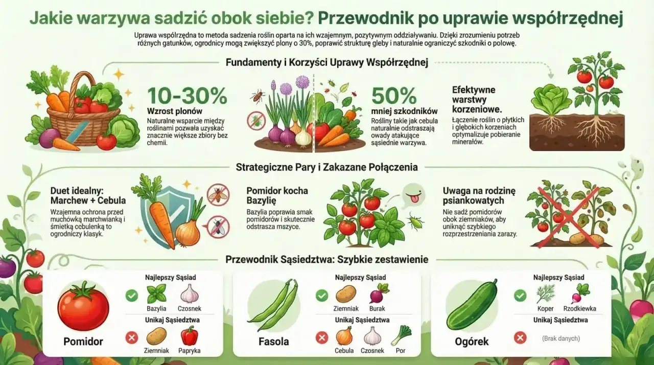 Plan sadzenia warzyw: cebula i marchew chronią się nawzajem. Pomidory lubią bazylię, ale unikają ziemniaków.