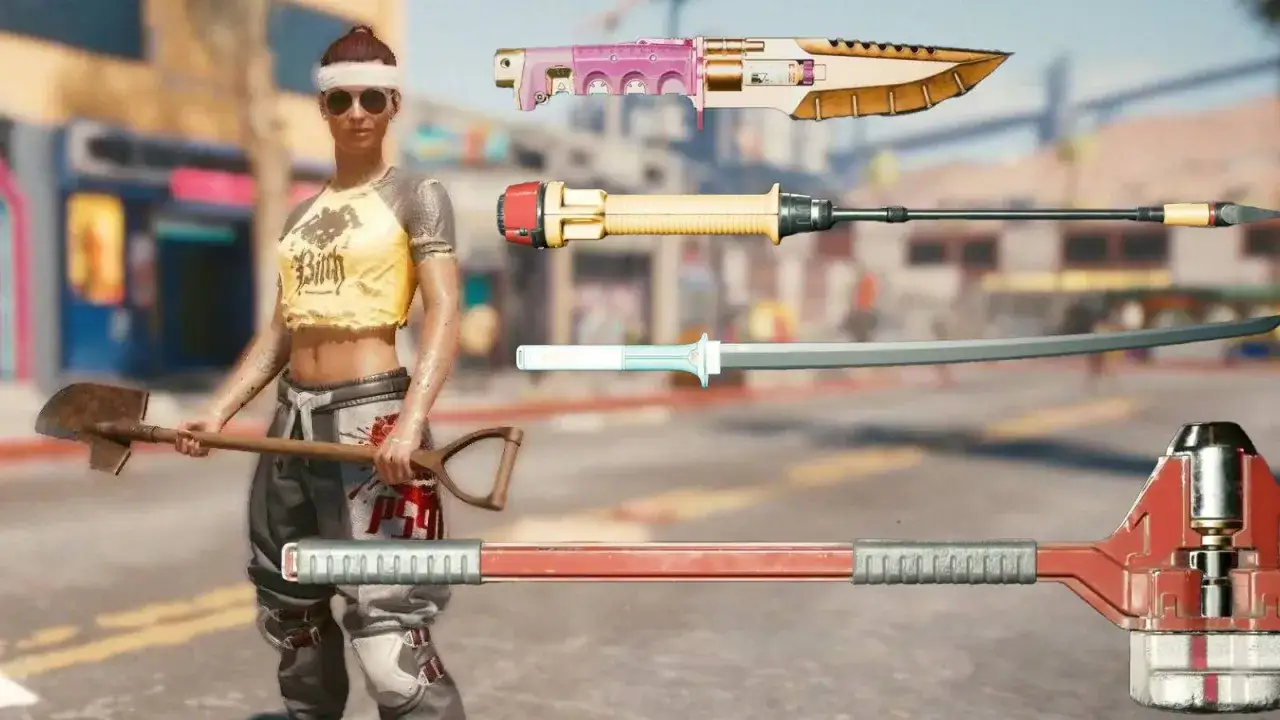 Postapokaliptyczna wojowniczka z łopatą i zestawem futurystycznych broni, wśród których znajdziesz cyberpunk 2077 najlepsze bronie.