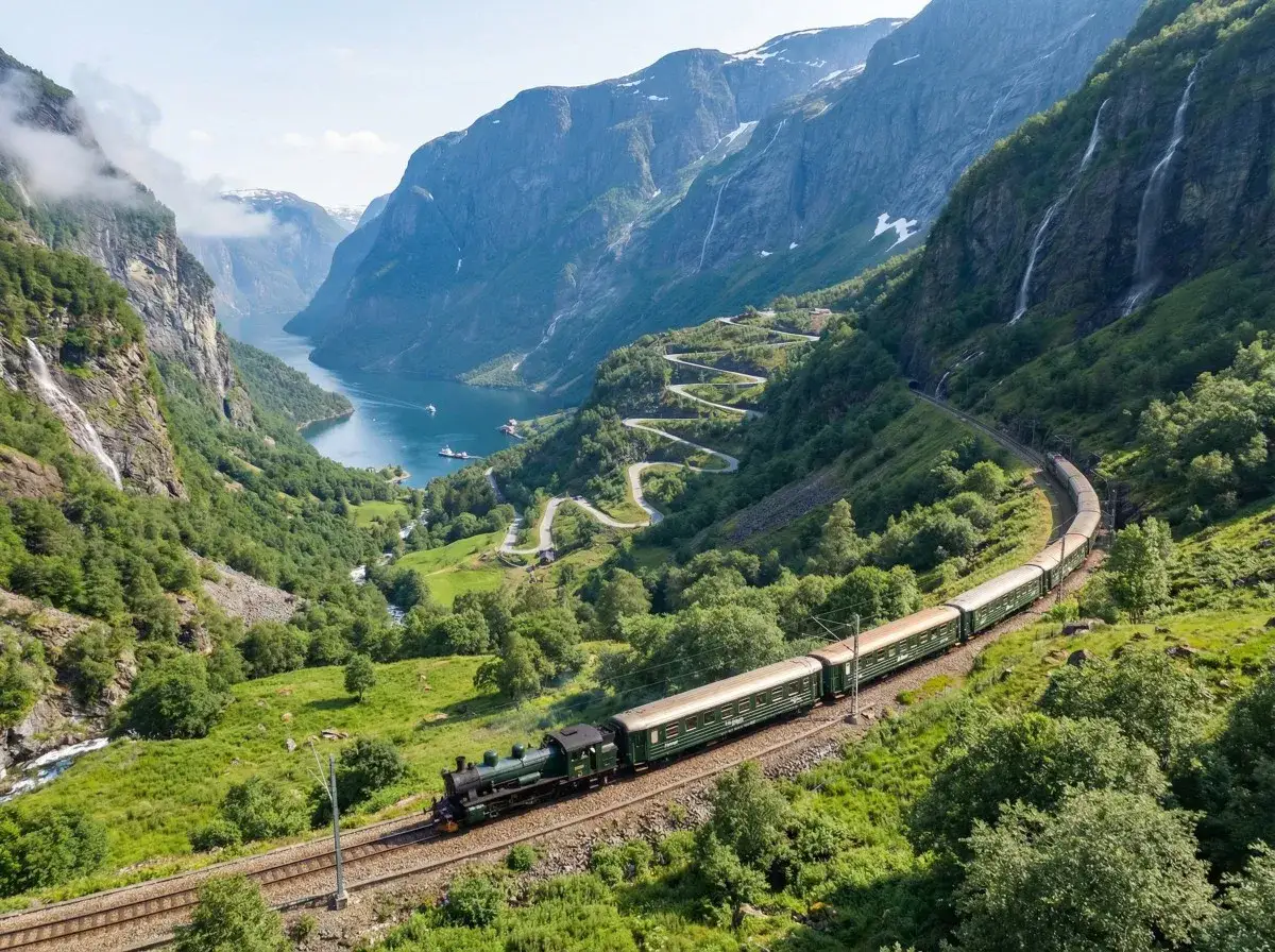 Malowniczy widok na fiord i kręta droga, idealne na podr&oacute;ż **norwegia samochodem 7 dni**. Pociąg wije się przez zielone wzg&oacute;rza.