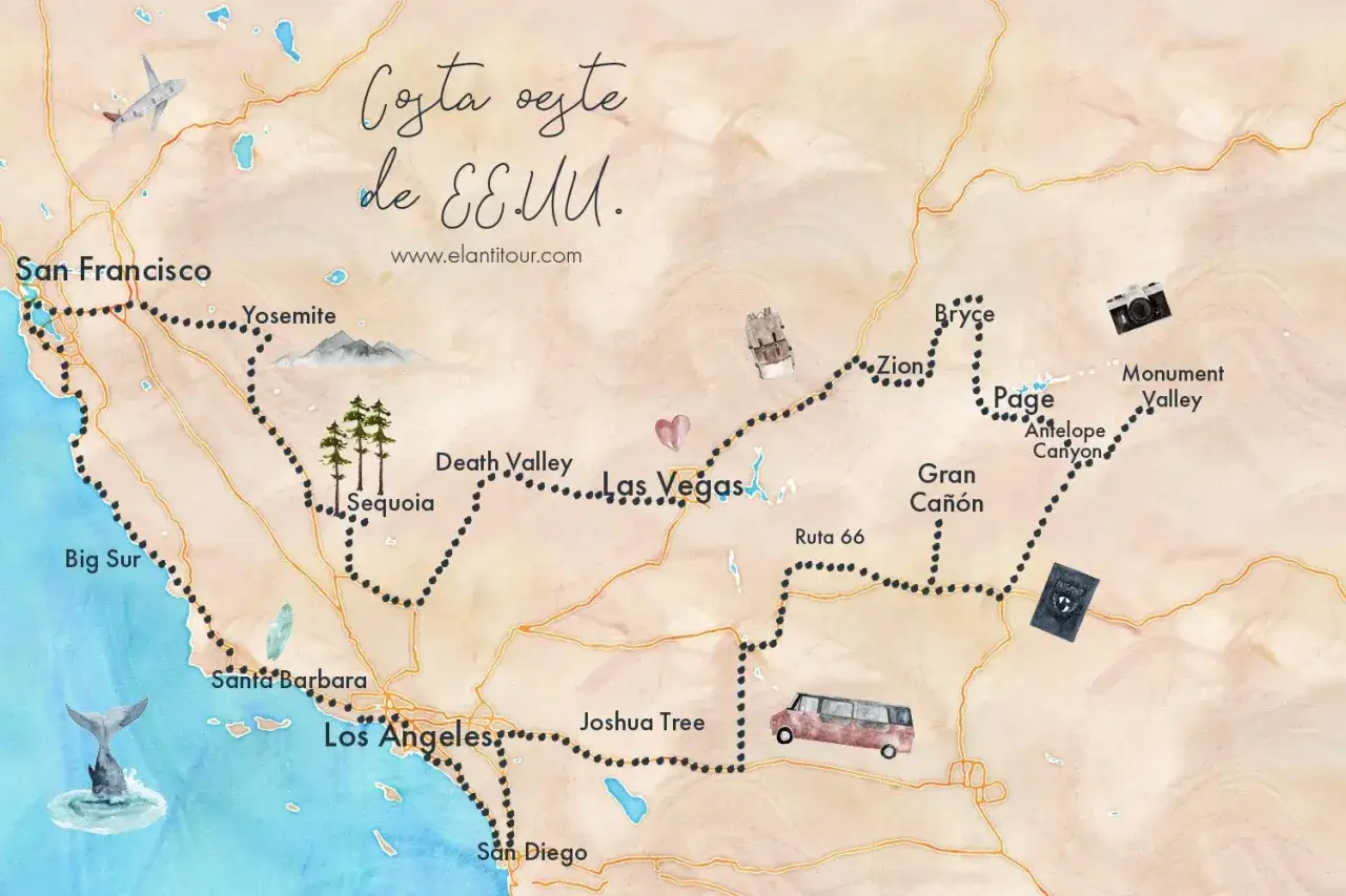 Mapa ilustrado de la ruta costa oeste EEUU: San Francisco, Yosemite, Las Vegas, Gran Cañón, Monument Valley y más.
